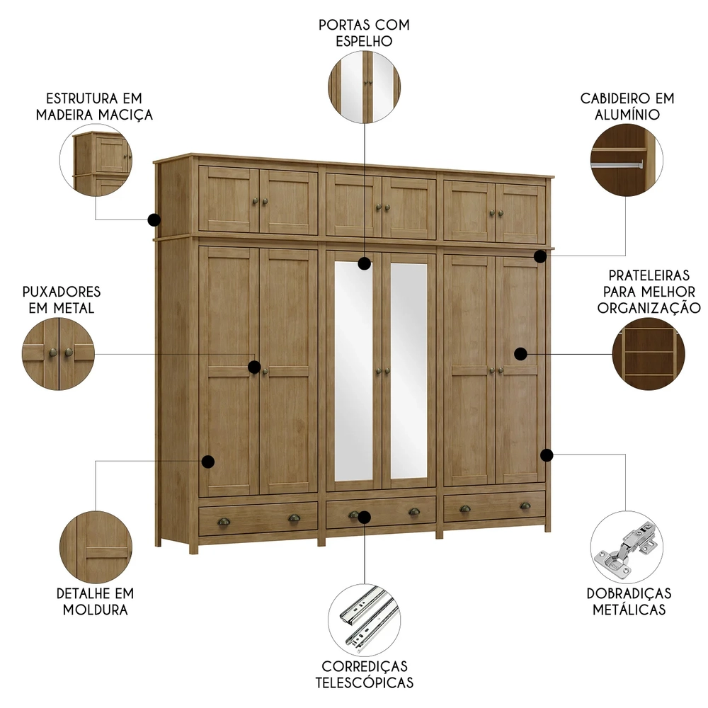Guarda Roupa Casal 261cm Com Espelho Lázio Freijó F07       - Mpozenato