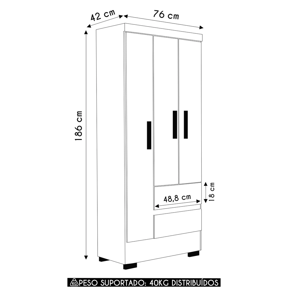 Guarda Roupa Solteiro 76cm 3 Portas Raely Atacama/Off A15  - Mpozenato