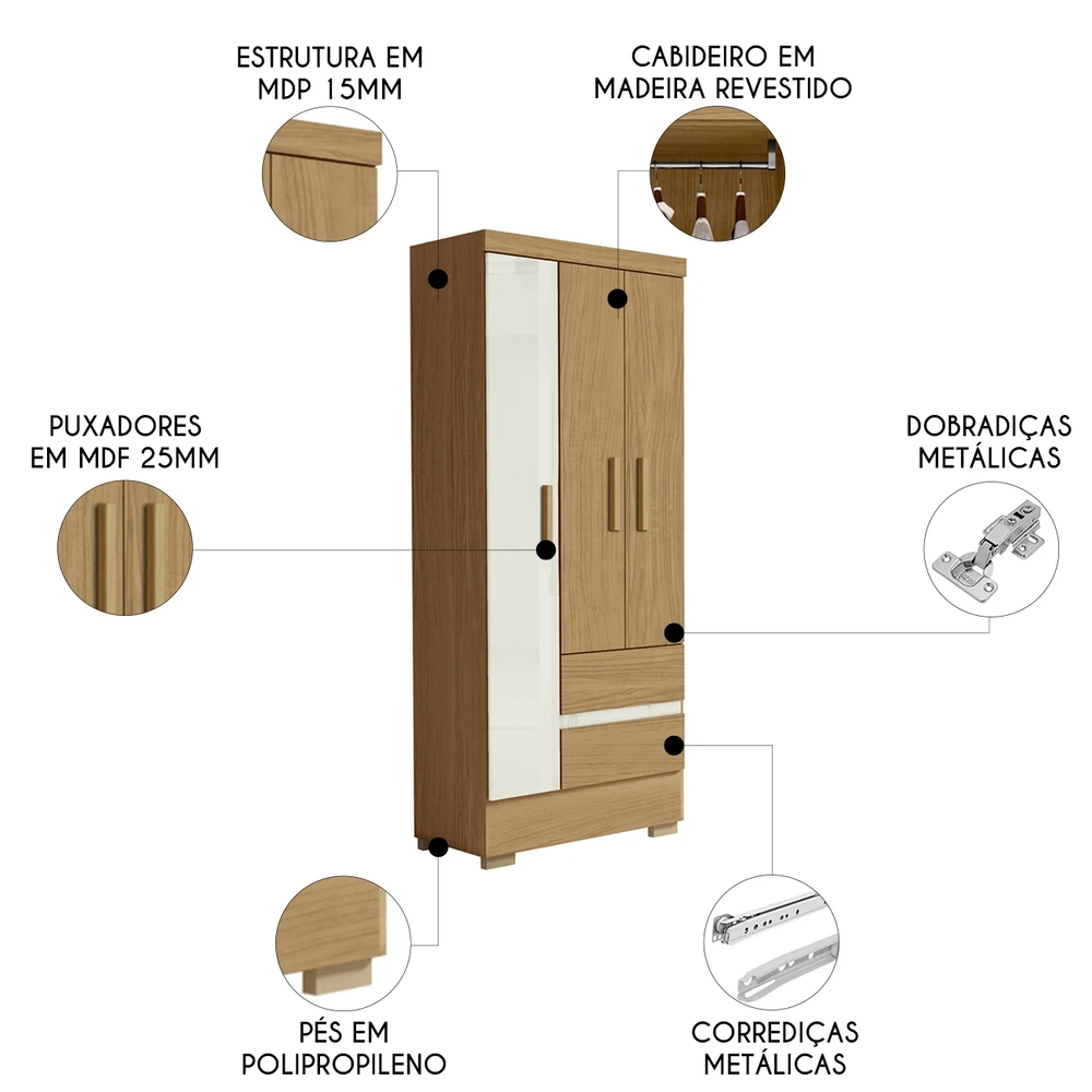 Guarda Roupa Solteiro 76cm 3 Portas Raely Atacama/Off A15  - Mpozenato