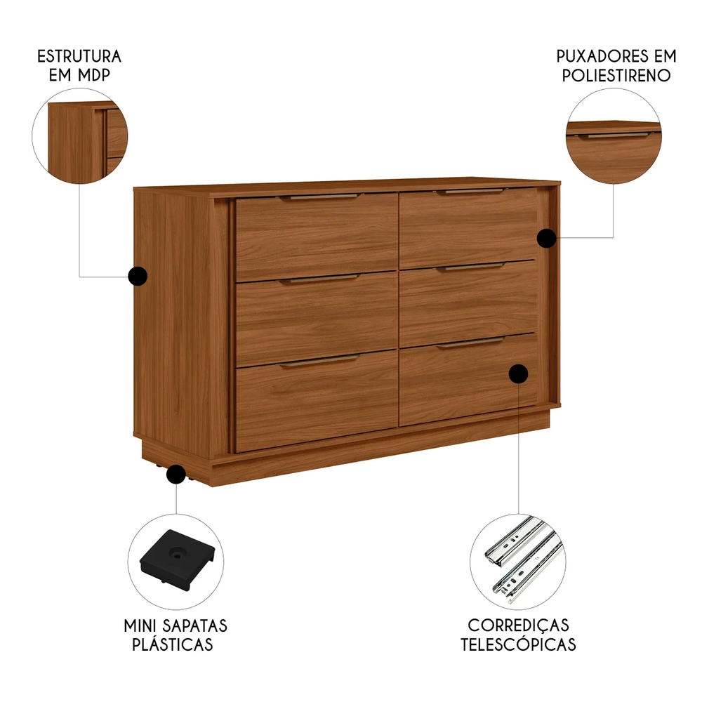 Cômoda Quarto 130cm Casal com 6 Gavetas Dino Nogueira D02   - Mpozenato