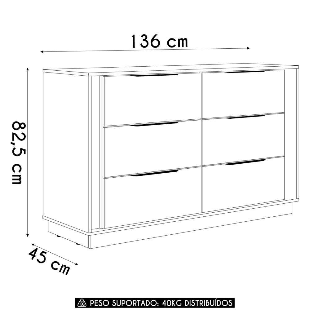 Cômoda Quarto 130cm Casal com 6 Gavetas Dino Nogueira D02   - Mpozenato