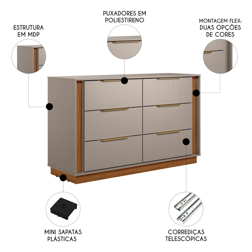 Cômoda Quarto 130cm Casal com 6 Gavetas Dino Nogueira/Nude D02 - Mpozenato