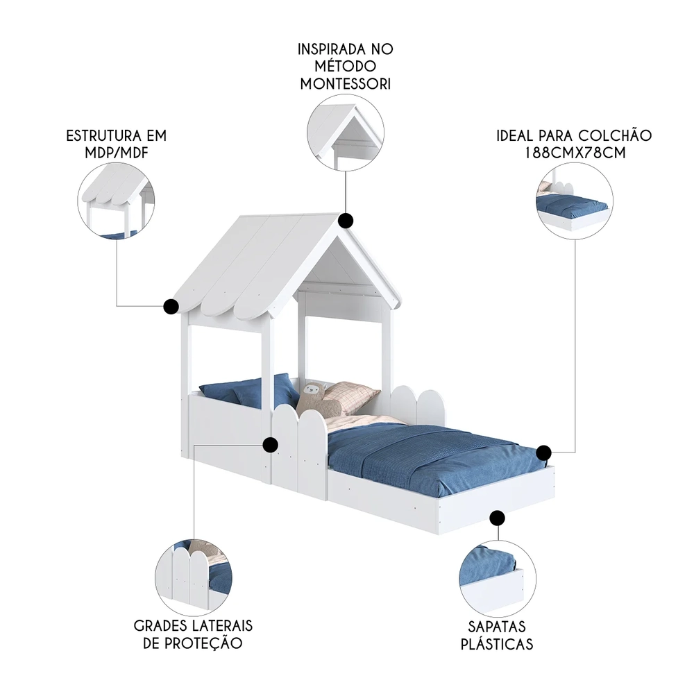 Cama Solteiro Infantil Montessoriana Casinha Nana Branco C06 - Mpozenato