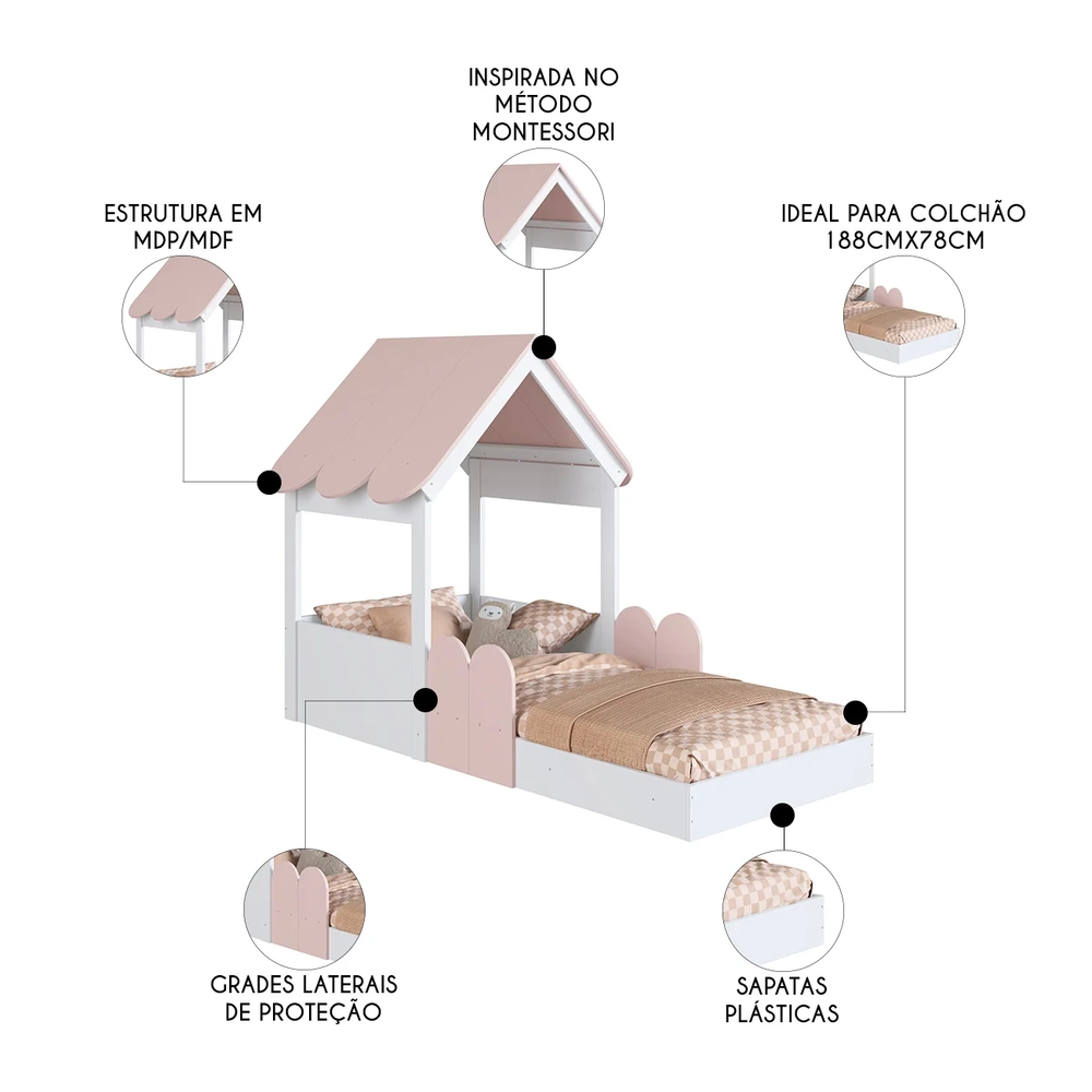 Cama Solteiro Infantil Montessoriana Casinha Nana Branco/Rosa C06 - Mpozenato