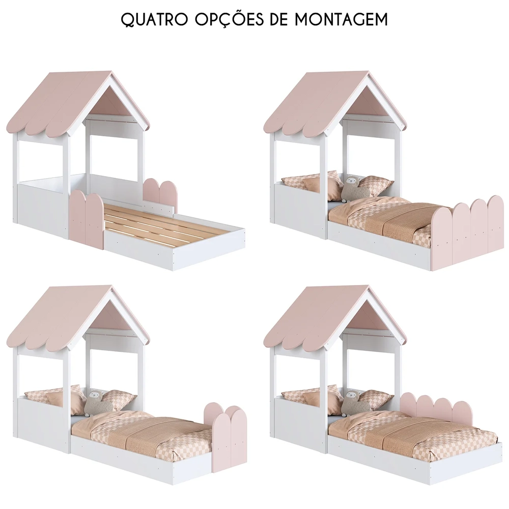 Cama Solteiro Infantil Montessoriana Casinha Nana Branco/Rosa C06 - Mpozenato