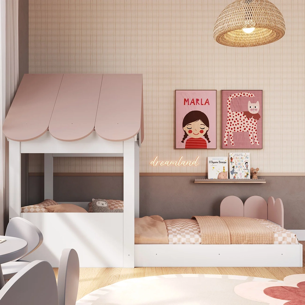 Cama Solteiro Infantil Montessoriana Casinha Nana Branco/Rosa C06 - Mpozenato