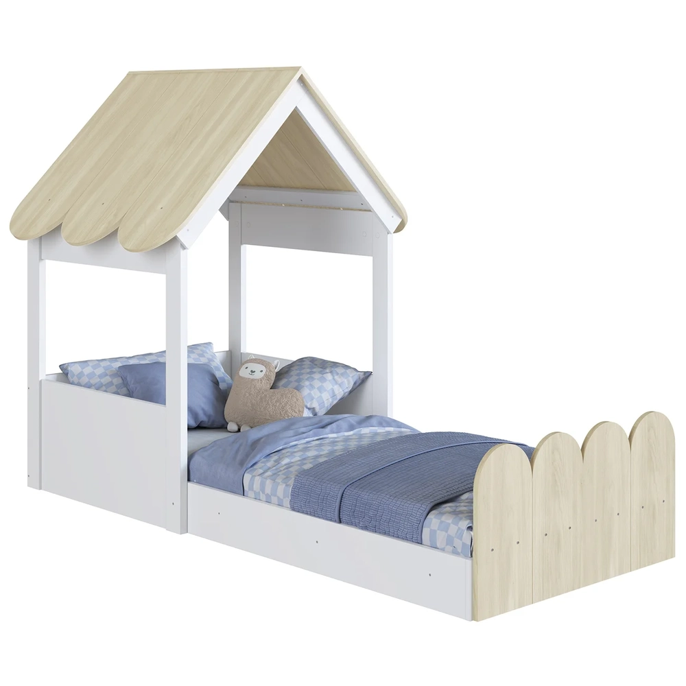 Cama Solteiro Infantil Montessoriana Casinha Nana Branco/Carvalho C06 - Mpozenato