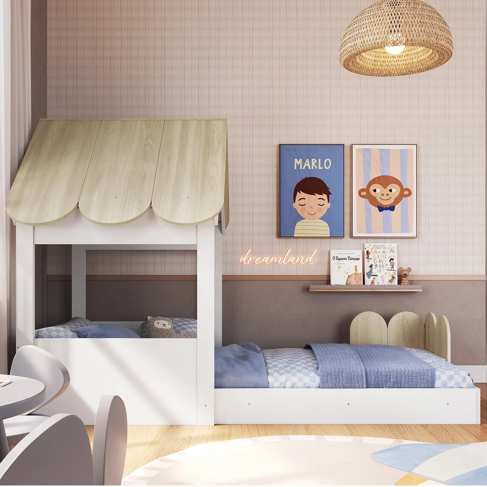Cama Solteiro Infantil Montessoriana Casinha Nana Branco/Carvalho C06 - Mpozenato