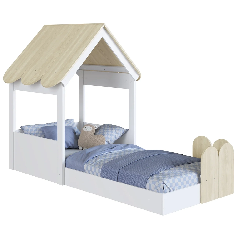 Cama Solteiro Infantil Montessoriana Casinha Nana Branco/Carvalho C06 - Mpozenato