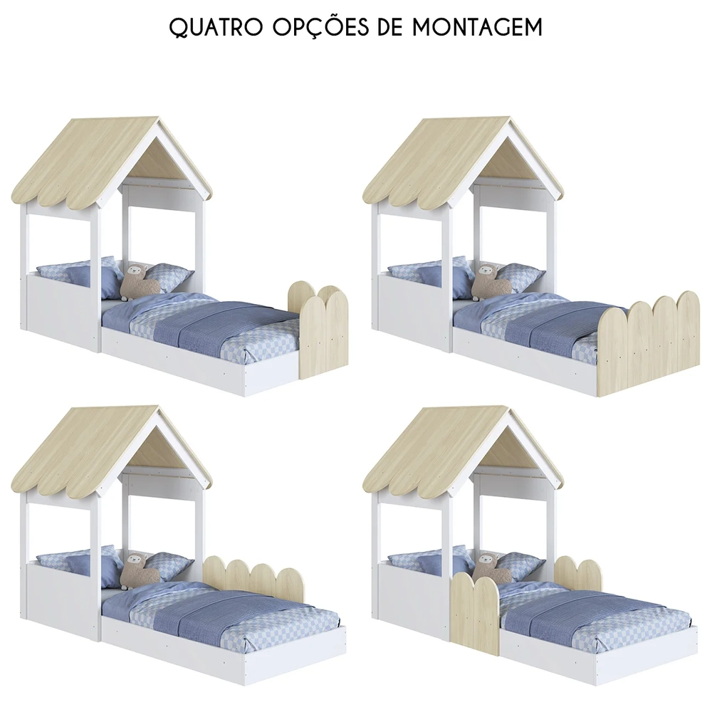 Cama Solteiro Infantil Montessoriana Casinha Nana Branco/Carvalho C06 - Mpozenato