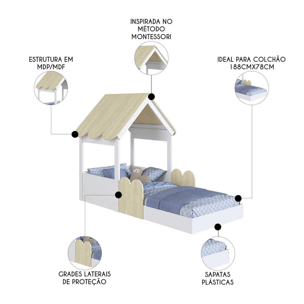 Cama Solteiro Infantil Montessoriana Casinha Nana Branco/Carvalho C06 - Mpozenato
