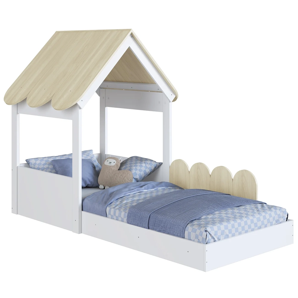 Cama Solteiro Infantil Montessoriana Casinha Nana Branco/Carvalho C06 - Mpozenato