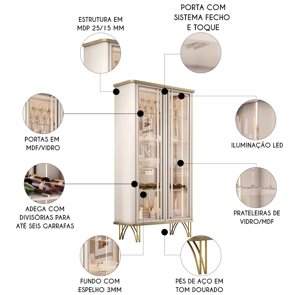 Cristaleira de Vidro com Espelho e LED Alvora Off/Champanhe H01 - Mpozenato