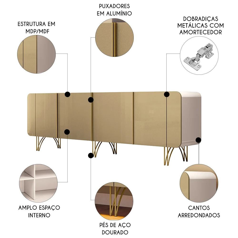 Balcão Aparador Buffet Com 4 Portas Piacente Off/Champanhe H01 - Mpozenato