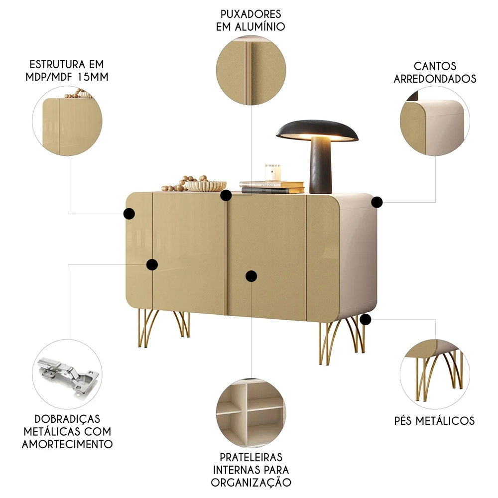 Balcão Aparador Buffet 2 Portas Pé Metal Benvy Off/Champanhe H01 - Mpozenato