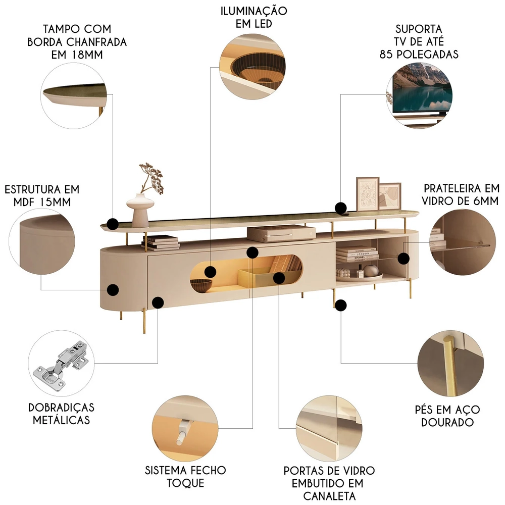 Rack TV 85 Pol 220cm 2 Portas Com LED Dalya Off/Cinamomo H01 - Mpozenato