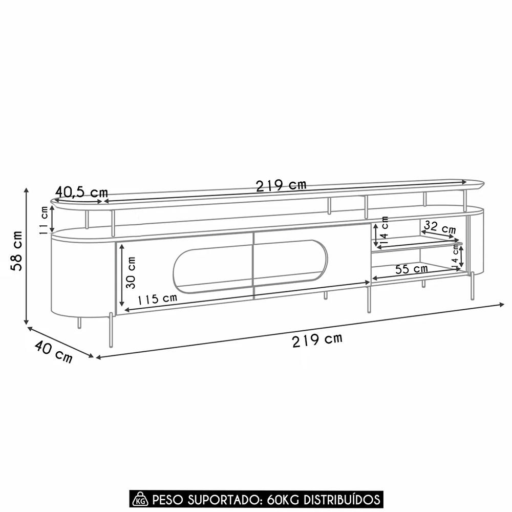 Rack TV 85 Pol 220cm 2 Portas Com LED Dalya Off/Cinamomo H01 - Mpozenato