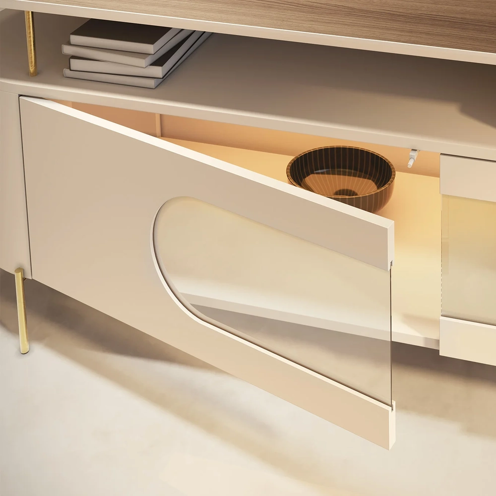 Rack TV 85 Pol 220cm 2 Portas Com LED Dalya Off/Castanho H01 - Mpozenato