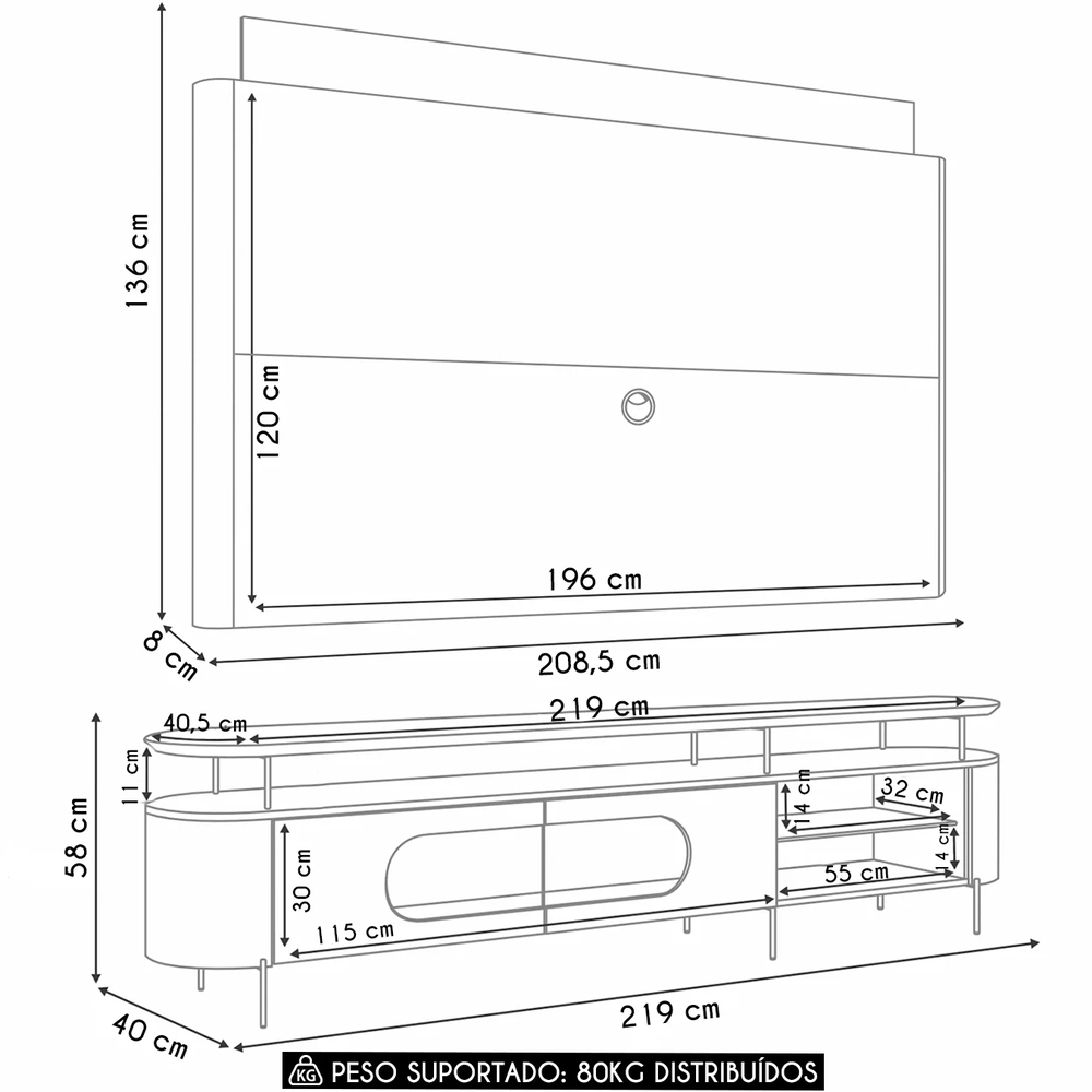 Painel TV 85 Pol e Rack Bancada Dalya Off/Cinamomo H01 - Mpozenato