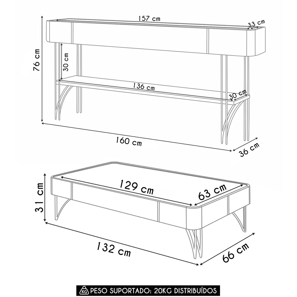 Aparador Gianni e Mesa de Centro Alane Off/Champanhe H01 - Mpozenato