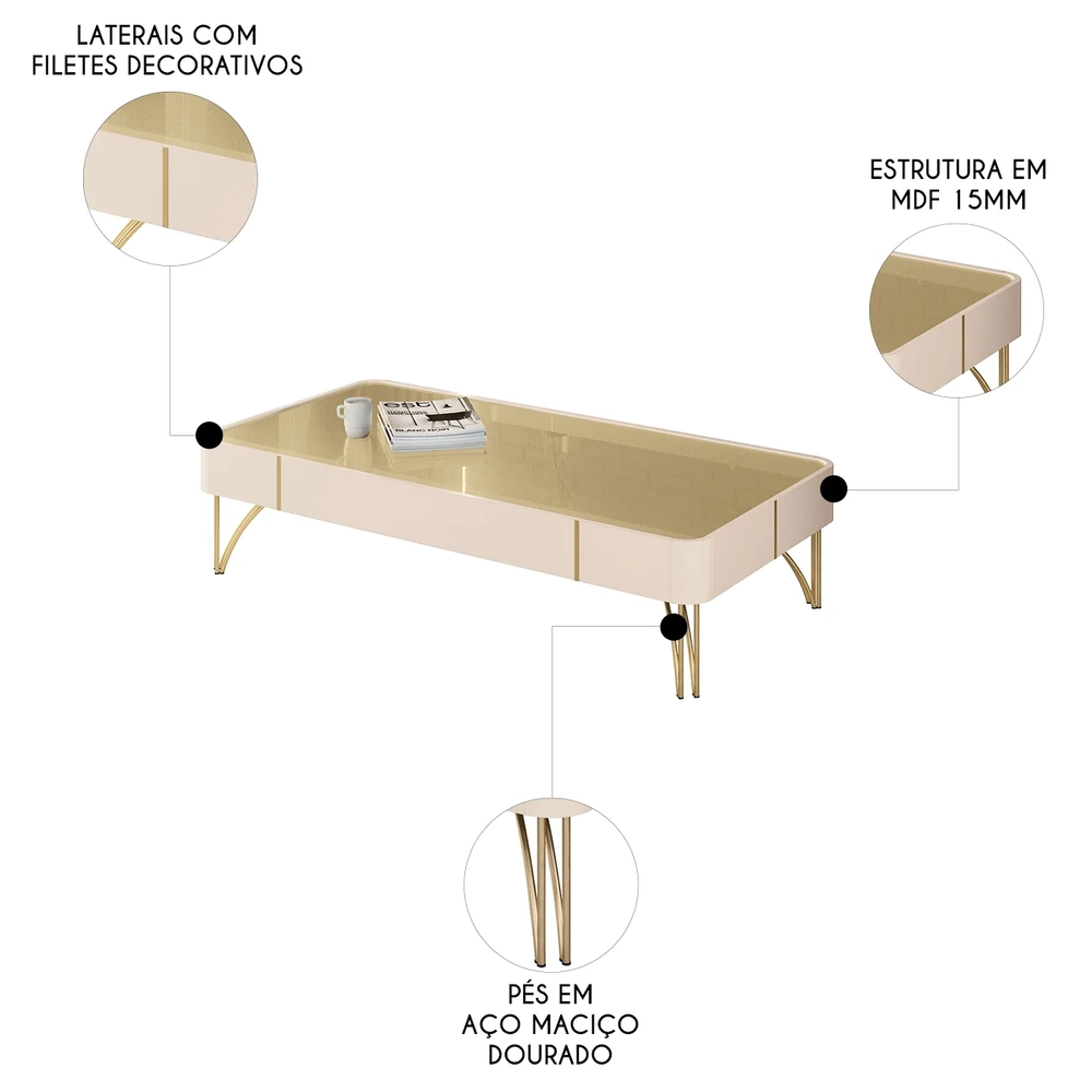 Mesa de Centro Para Sala Pés de Aço Cadenza Off/Champanhe - HB Móveis