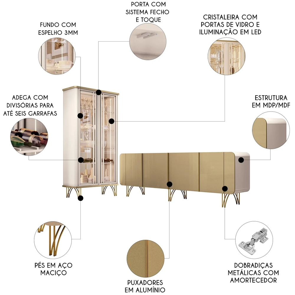 Balcão Buffet Piacente Com Cristaleira Alvora Off/Champanhe H01 - Mpozenato