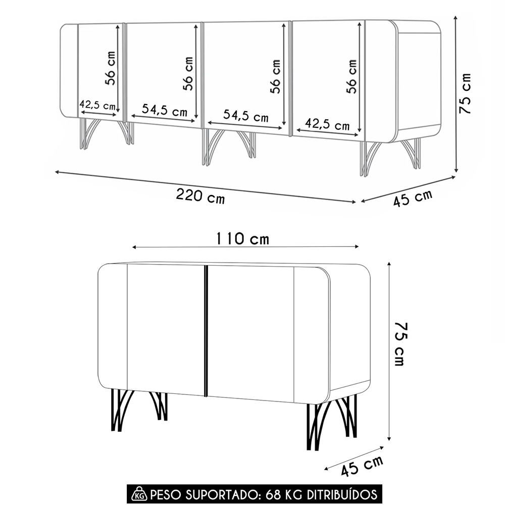 Balcão Aparador Buffet Para Sala Piacente e Benvy Off/Champanhe H01 - Mpozenato