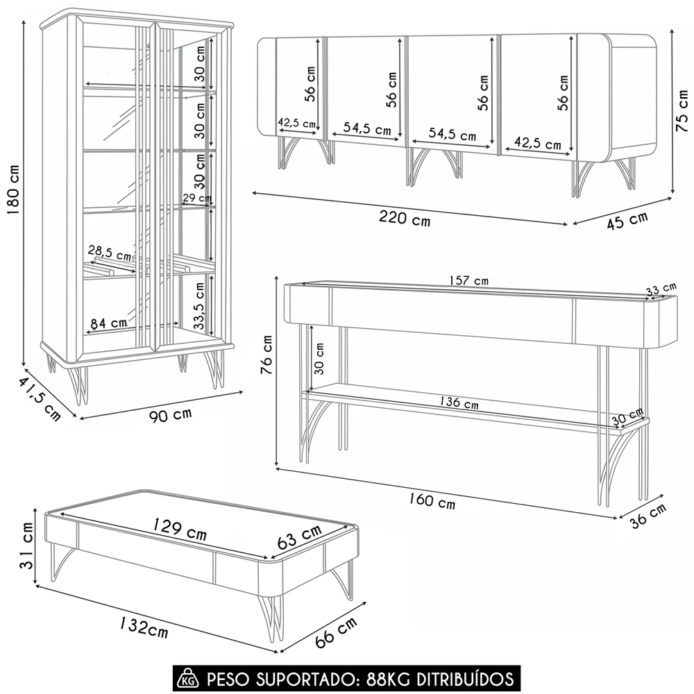 Buffet Aparador Cristaleira e Mesa Centro Agnes Off/Champanhe H01 - Mpozenato