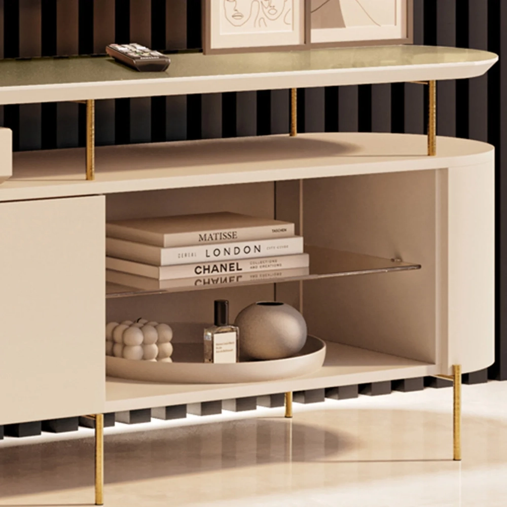 Rack TV 85 Pol 220cm 2 Portas Com LED Ária Off/Champanhe - HB Móveis