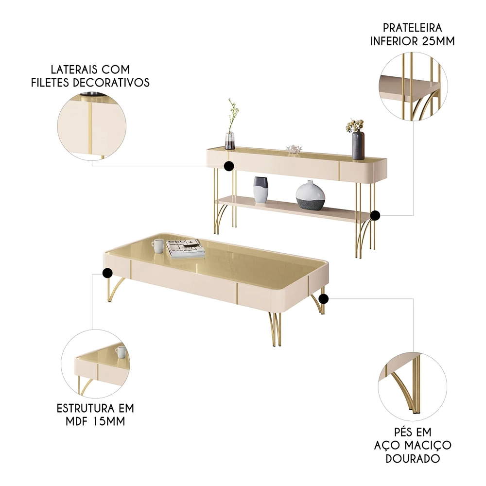 Aparador de Sala Vivant e Mesa Cadenza Off/Champanhe - HB Móveis