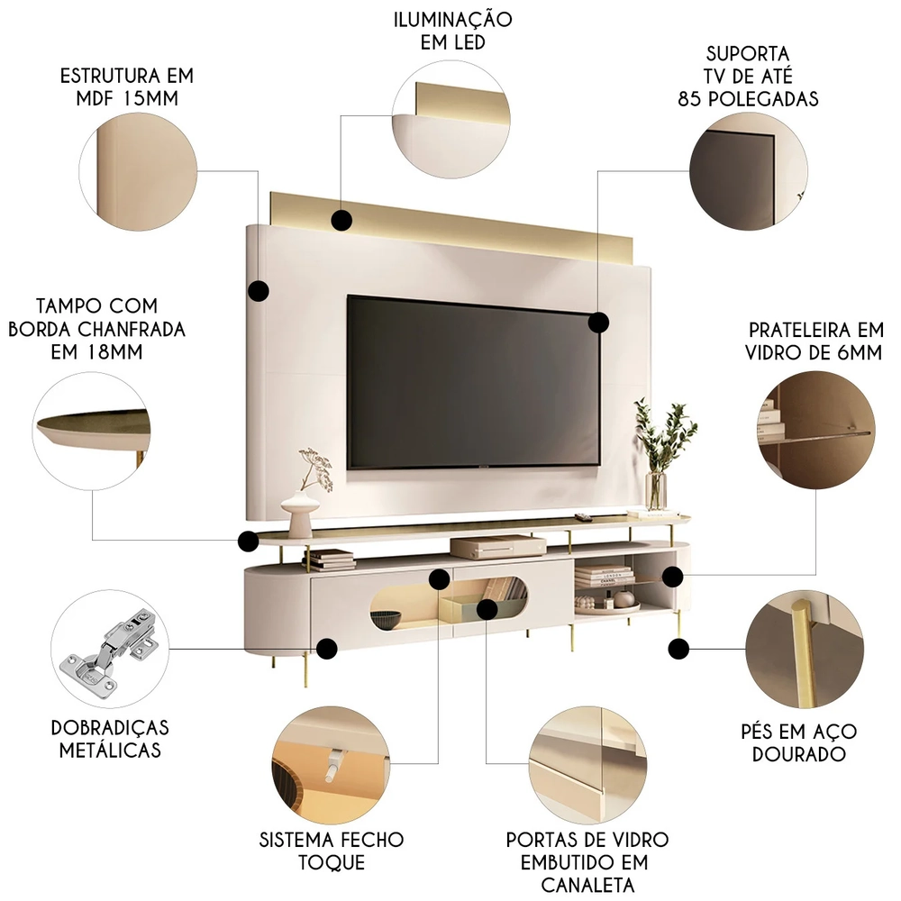 Painel TV 85 Pol Nobre e Rack Bancada Ária Off/Champanhe - HB Móveis