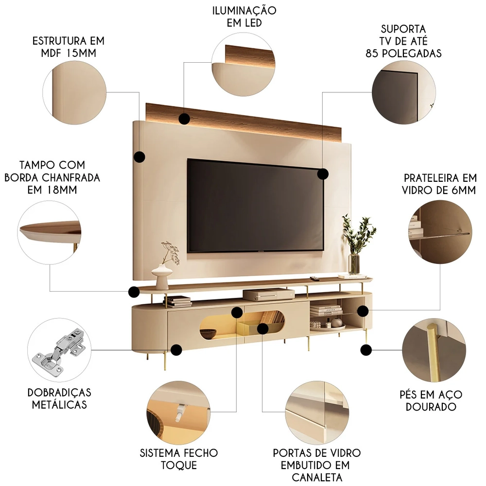 Painel TV 85 Pol Nobre e Rack Bancada Ária Off/Castanho - HB Móveis