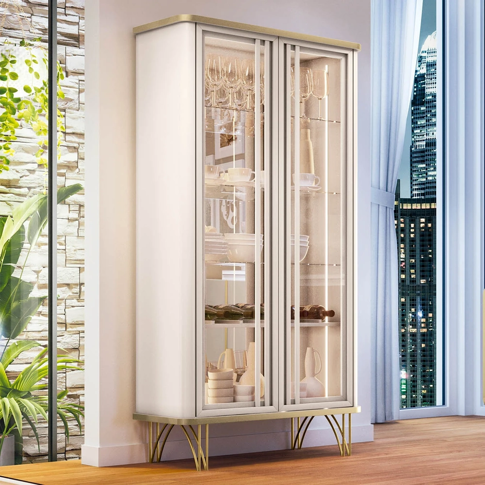 Balcão Buffet Saluti Com Cristaleira Évora Off/Champanhe - HB Móveis