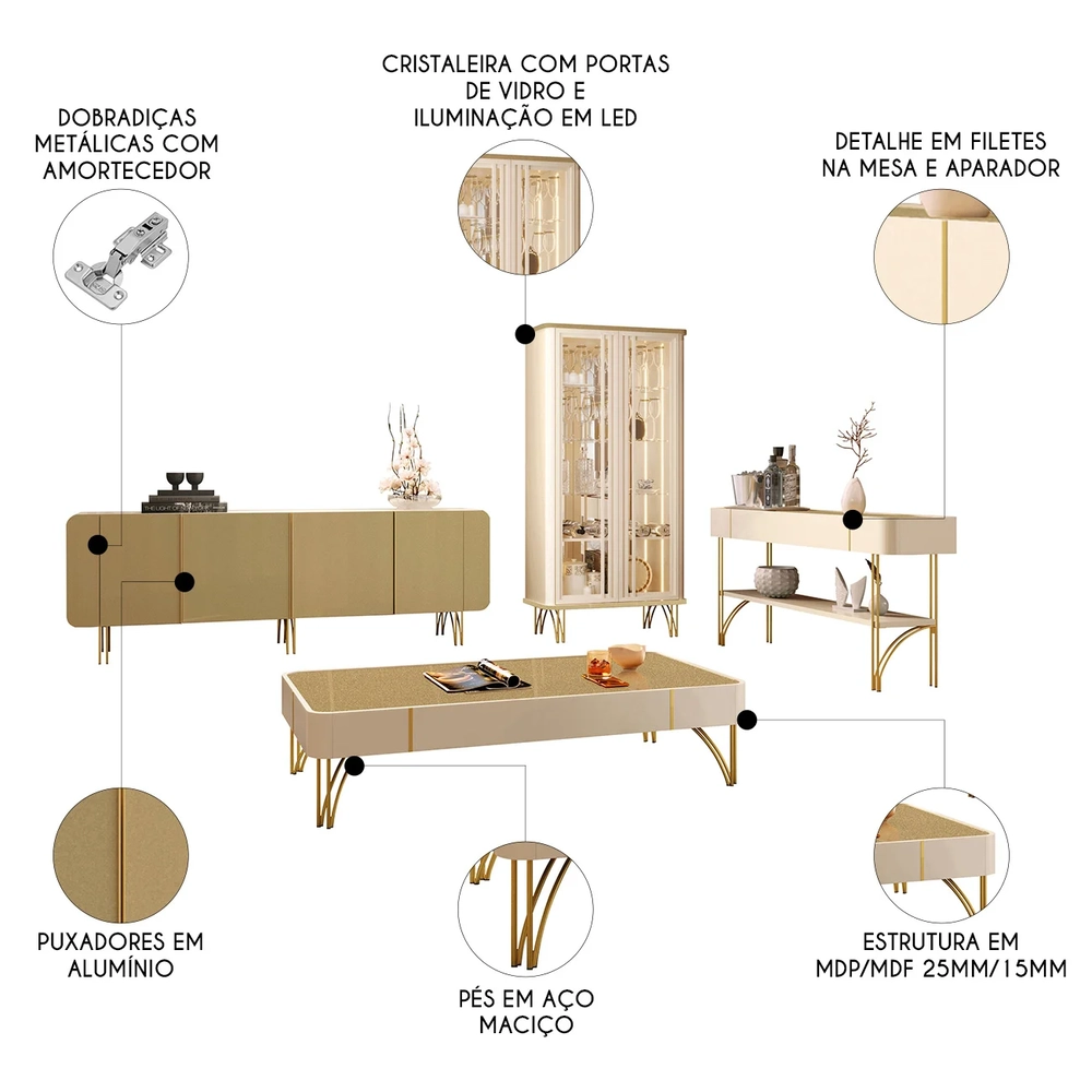 Buffet Aparador Cristaleira e Mesa Centro Ester Off/Champanhe - HB Móveis