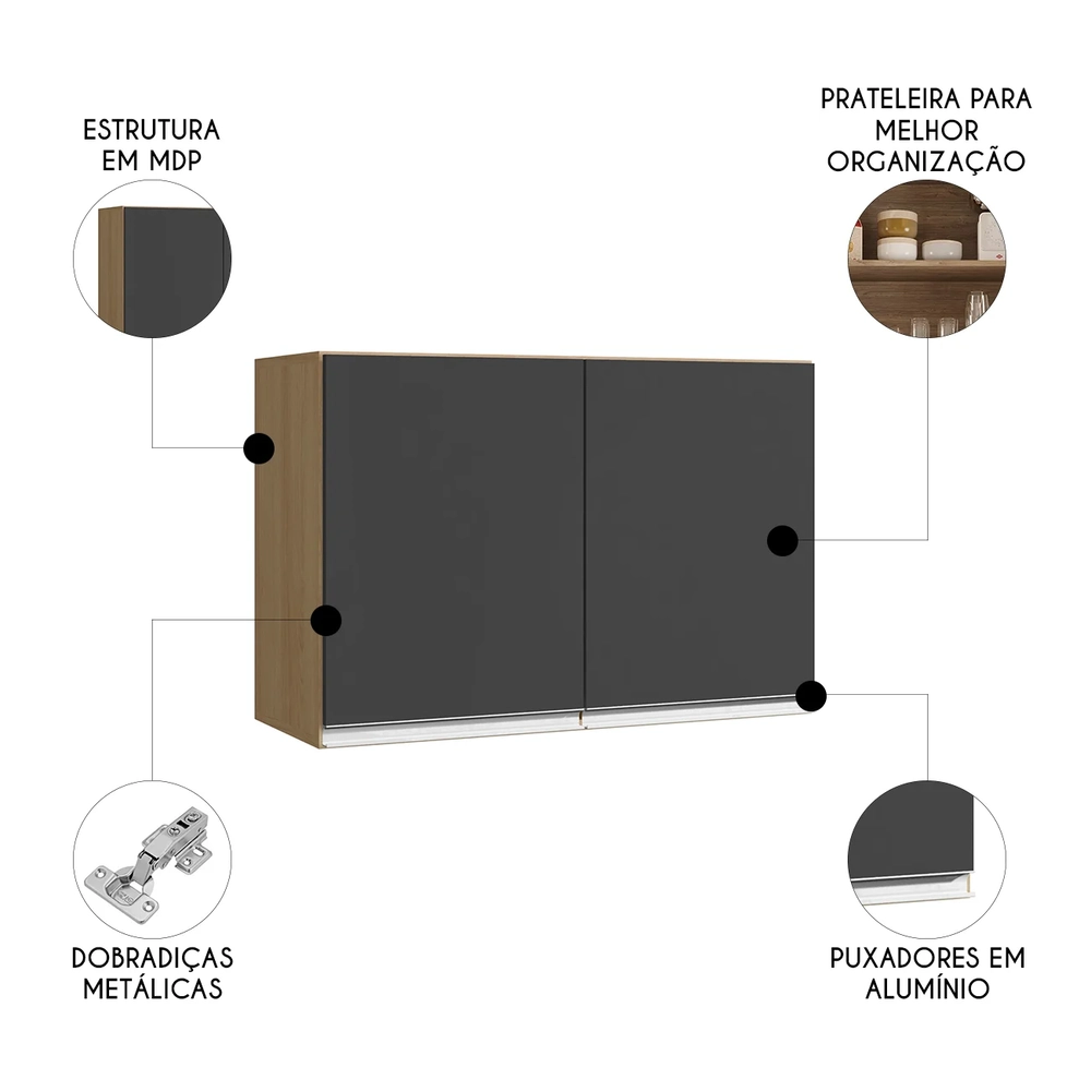 Armário de Cozinha Aéreo 80cm Com 2 Portas Andréia Amêndoa/Preto - AJL Móveis