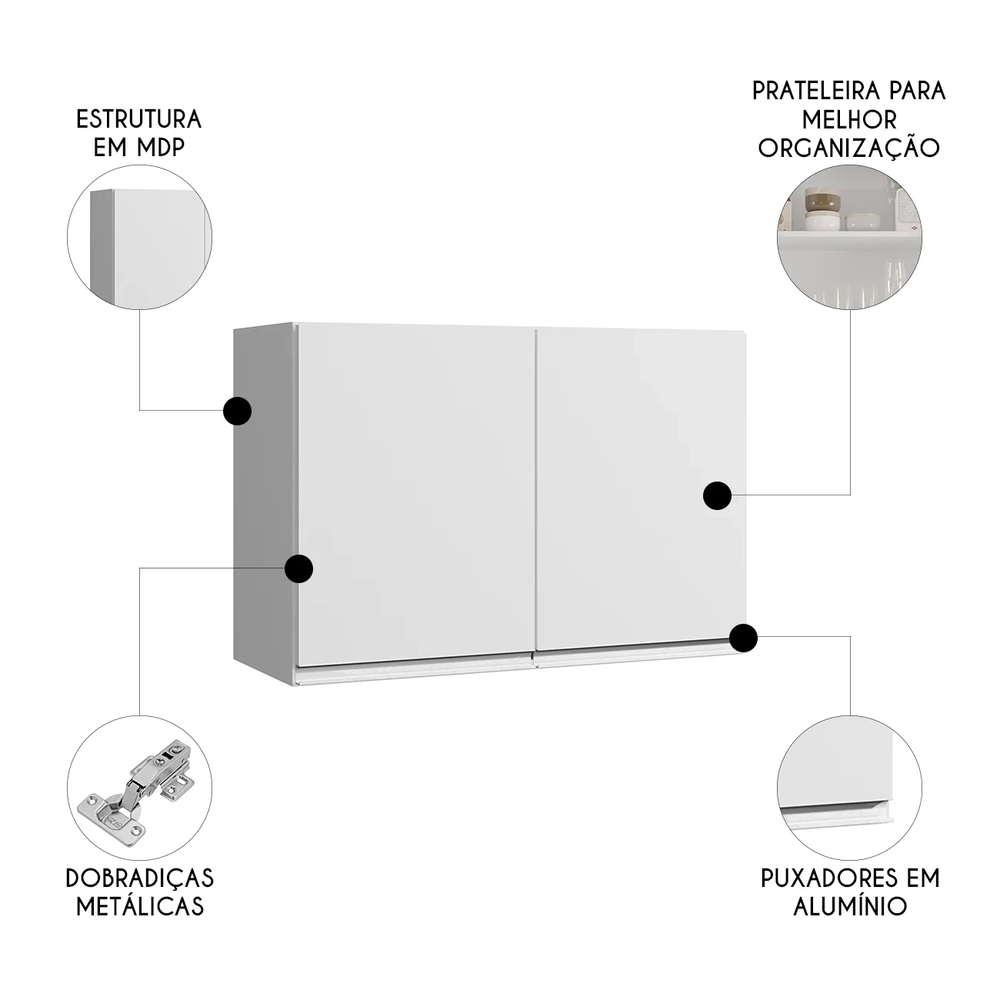 Armário de Cozinha Aéreo 80cm Com 2 Portas Andréia Branco   - AJL Móveis