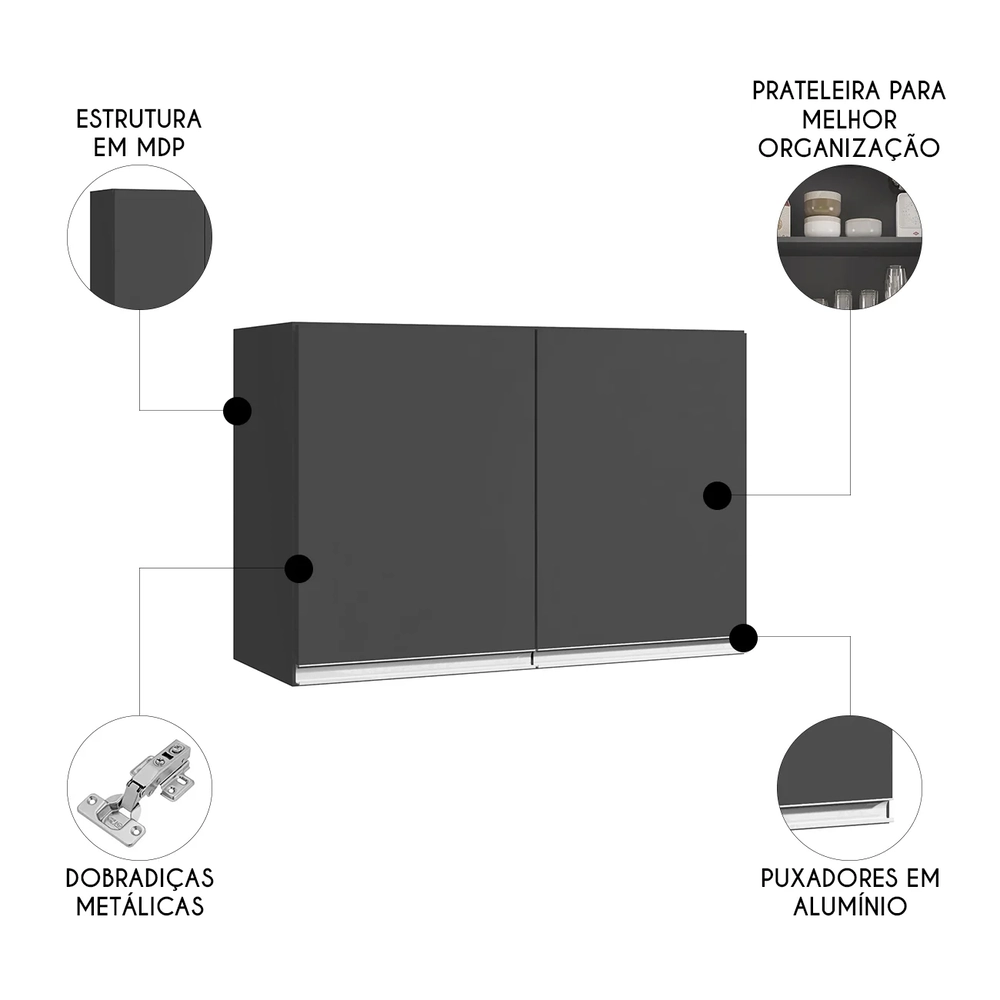 Armário de Cozinha Aéreo 80cm Com 2 Portas Andréia Cinza    - AJL Móveis