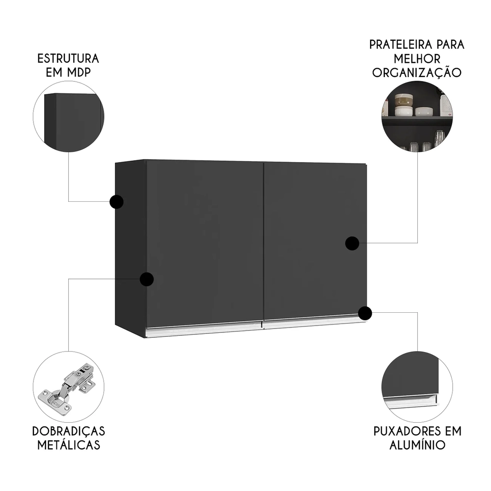 Armário de Cozinha Aéreo 80cm Com 2 Portas Andréia Preto    - AJL Móveis