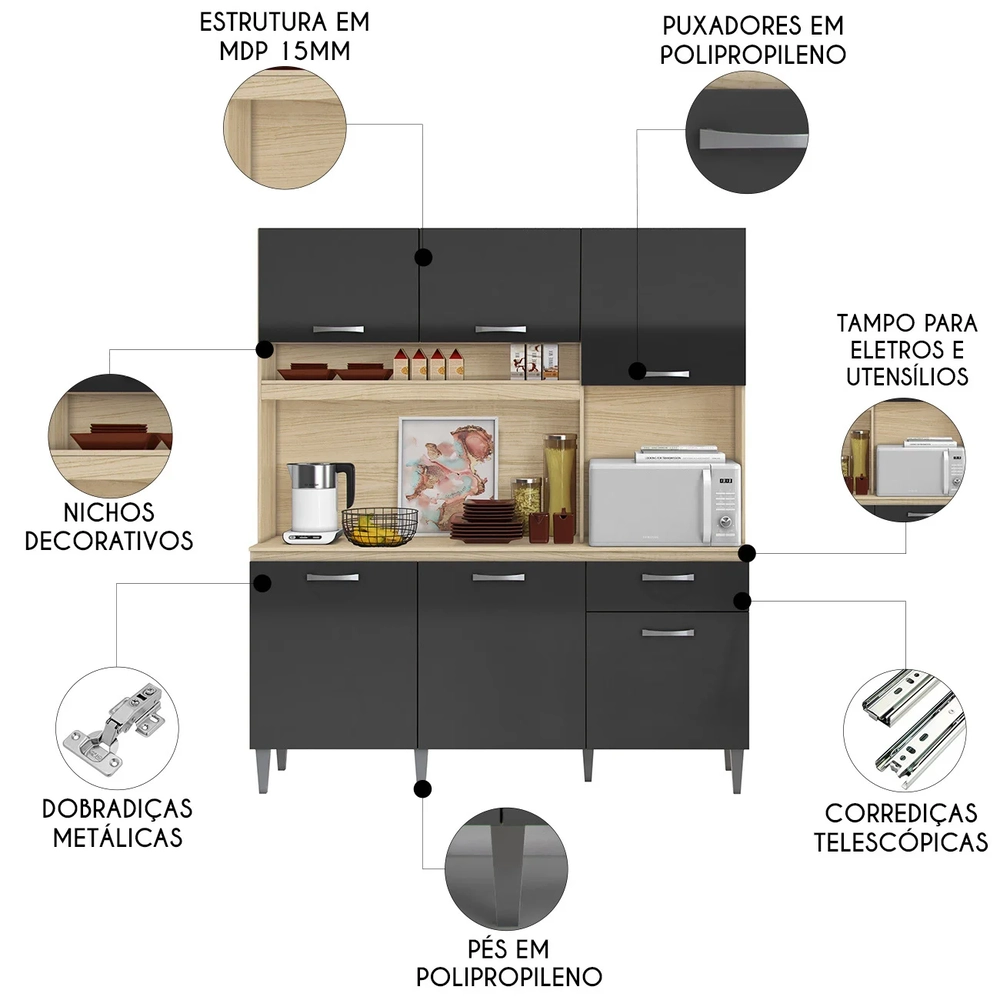 Armário de Cozinha Compacta 160cm Sovira Avena/Grafite A15 - Mpozenato 