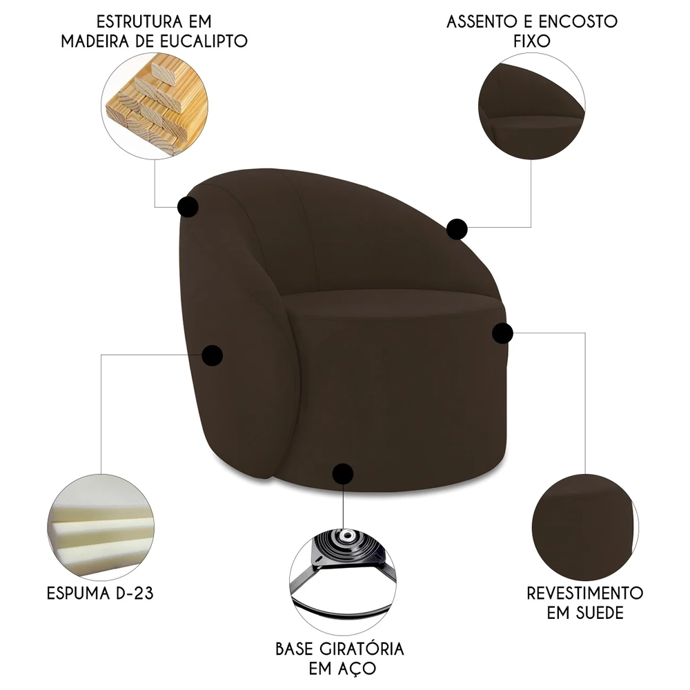 Poltrona Sala Giratória Redonda 91cm Steve Suede Marrom I01  - Mpozenato