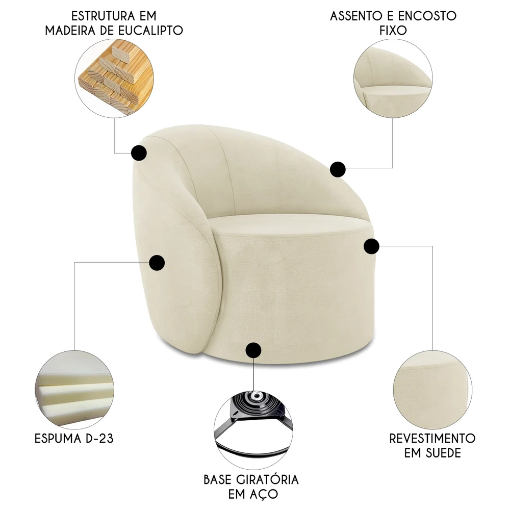 Poltrona Sala Giratória Redonda 91cm Steve Suede Bege I01  - Mpozenato