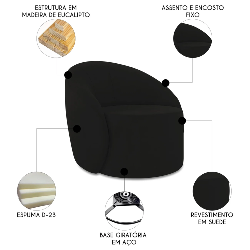 Poltrona Sala Giratória Redonda Kit 2 Steve Suede Preto I01  - Mpozenato