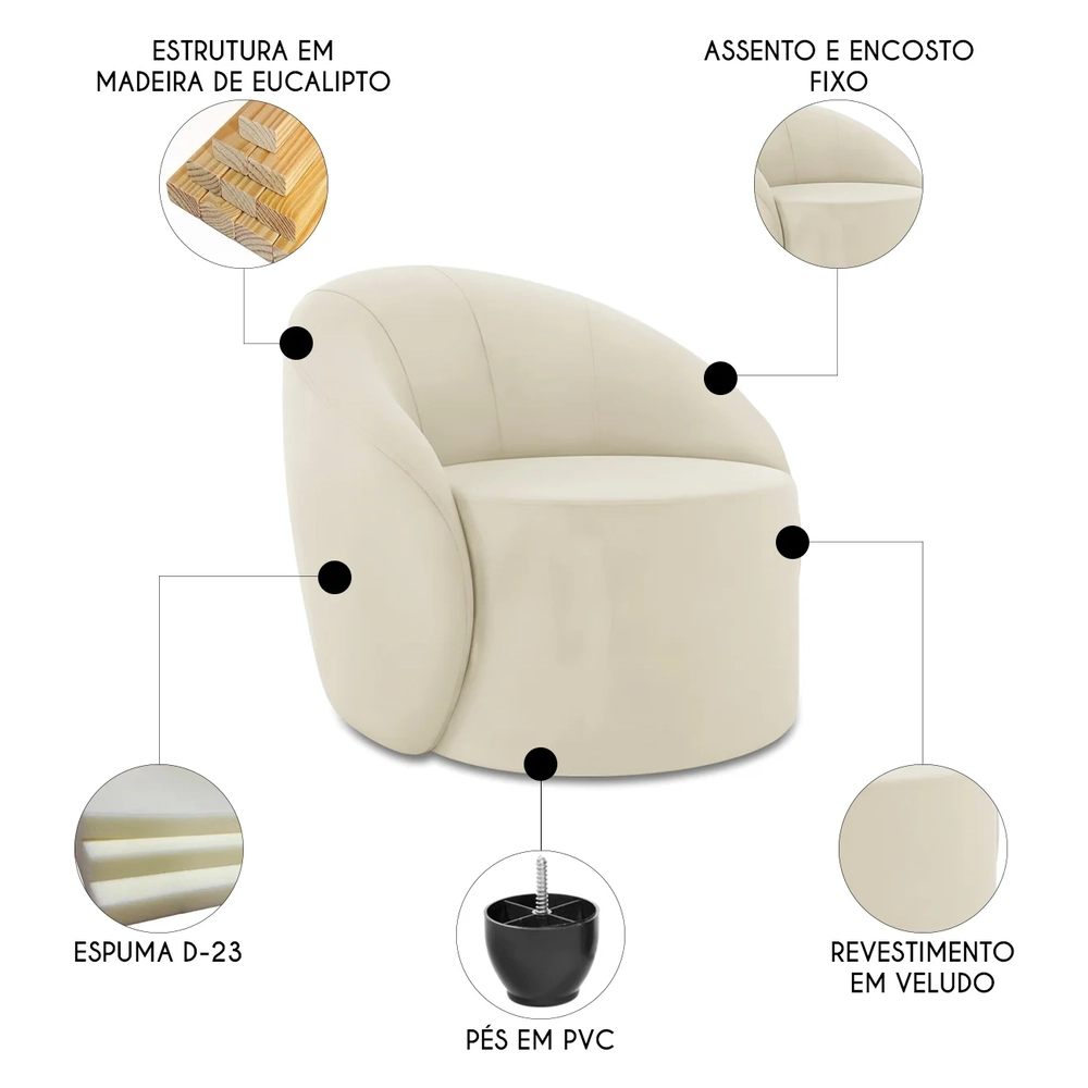 Poltrona Sala Decorativa Redonda 91cm Steve Veludo Bege I01  - Mpozenato