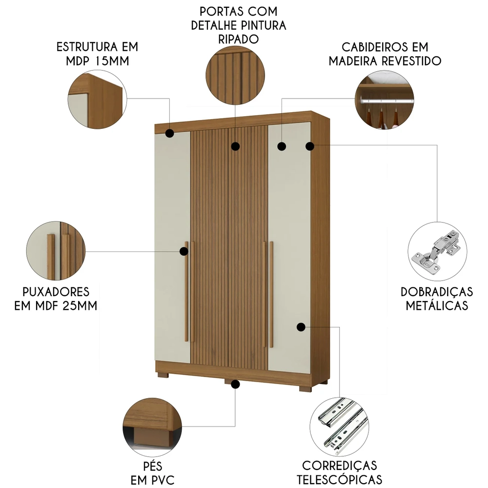 Guarda Roupa Solteiro 154cm 4 Portas Raiz Atacama/Areia A15 - Mpozenato 