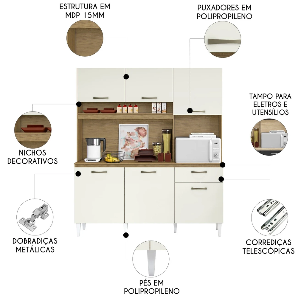 Armário de Cozinha Compacta 160cm Sovira Atacama/Off A15   - Mpozenato 