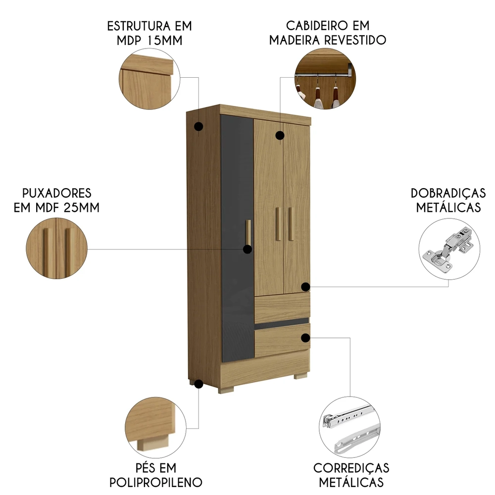 Guarda Roupa Solteiro 76cm 3 Portas Raely Atacama/Grafite A15 - Mpozenato
