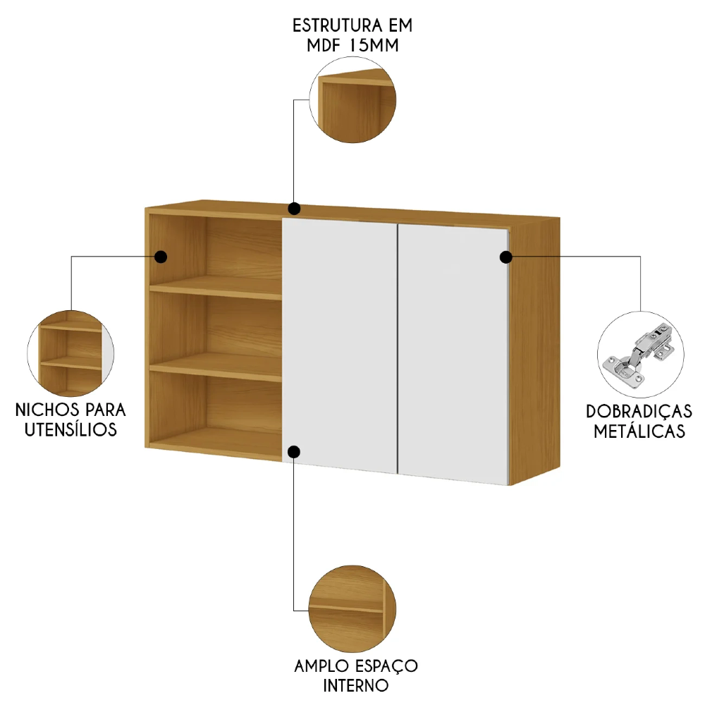 Armário de Cozinha Aéreo 120cm Noriel Cinamomo/Branco A15 - Mpozenato 