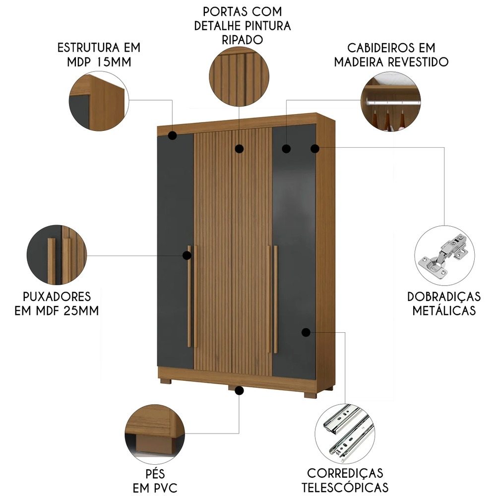 Guarda Roupa Solteiro 154cm 4 Portas Raiz Atacama/Grafite A15 - Mpozenato 