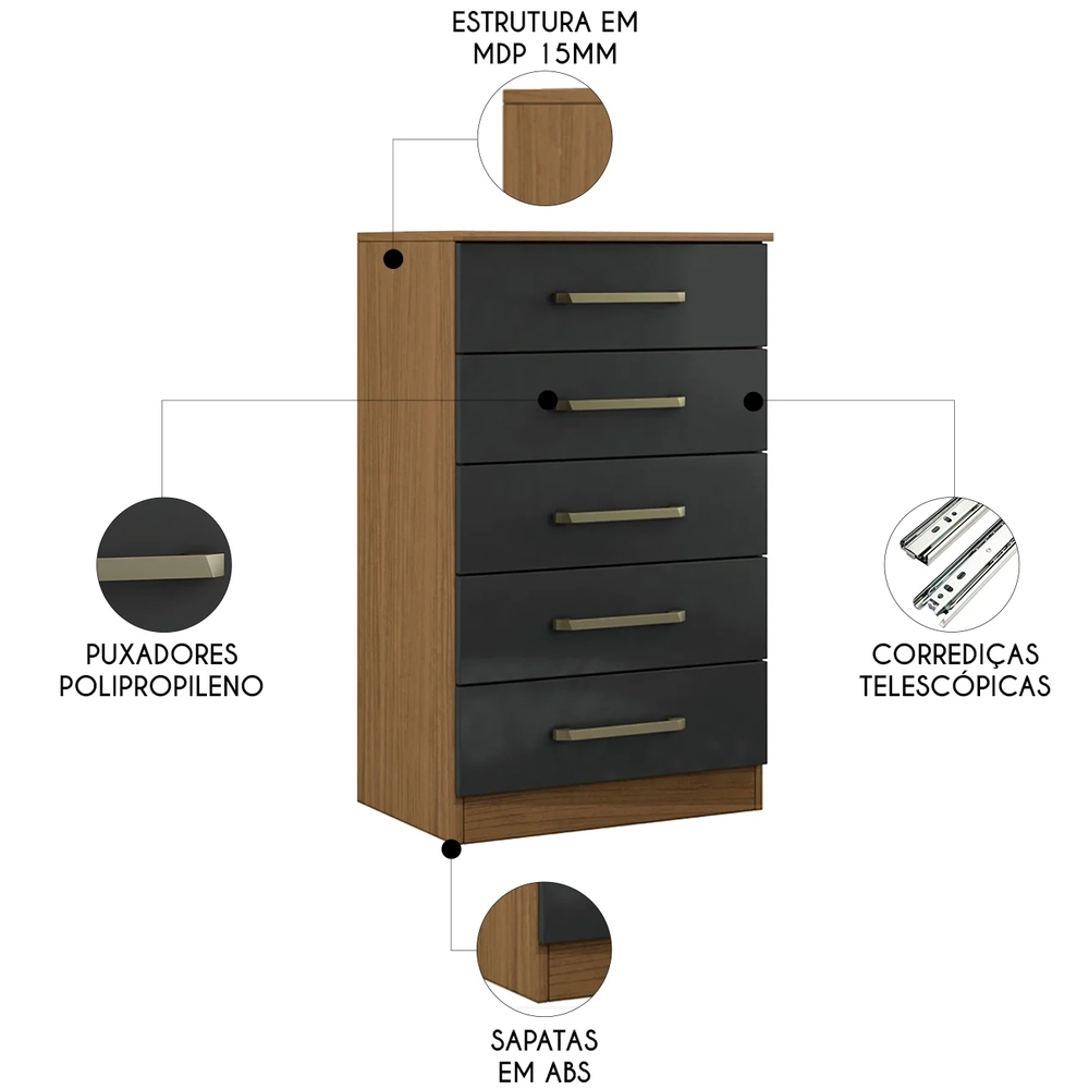 Cômoda Quarto Solteiro 61cm 5 Gavetas Velma Atacama/Grafite A15 - Mpozenato 