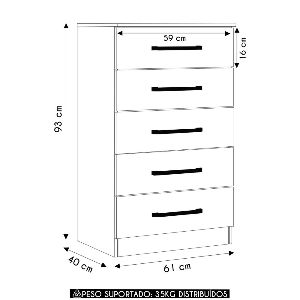 Cômoda Quarto Solteiro 61cm 5 Gavetas Velma Atacama/Grafite A15 - Mpozenato 